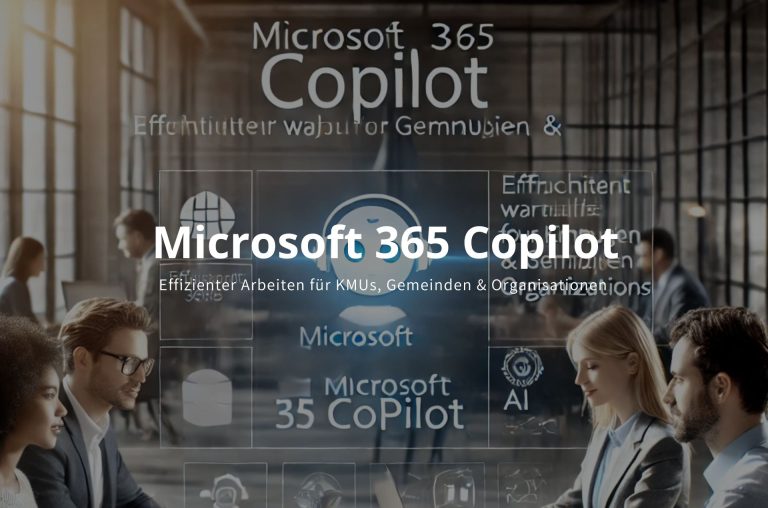 Team arbeitet effizient mit Microsoft 365 Copilot in moderner Büroumgebung – ideal für KMUs, Gemeinden und NGOs