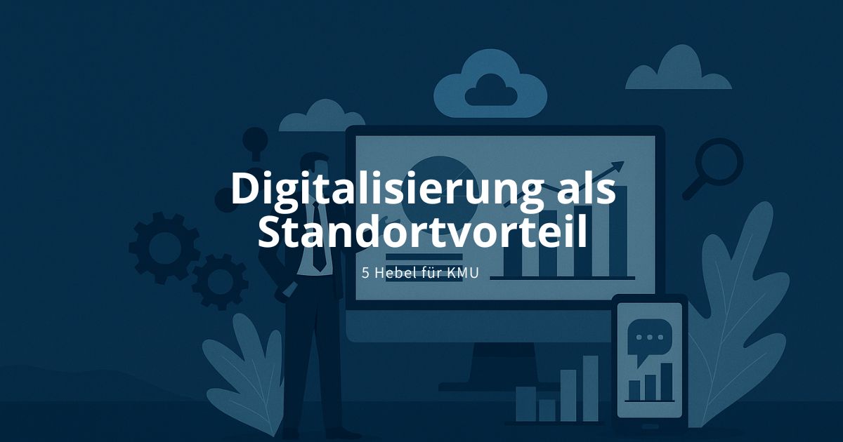 Illustration eines Geschäftsmanns vor Bildschirm mit Diagrammen, Cloud- und Zahnradsymbolen – Symbol für Digitalisierung und Effizienz in KMU.
