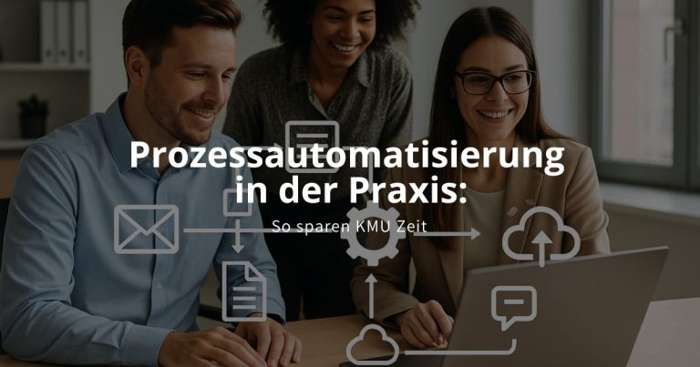 Drei Mitarbeitende im Büro arbeiten an Laptop mit Symbolen für Workflow – Visualisierung von Prozessautomatisierung in KMU