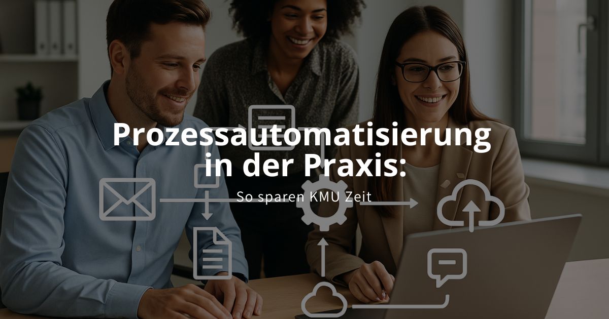 Drei Mitarbeitende im Büro arbeiten an Laptop mit Symbolen für Workflow – Visualisierung von Prozessautomatisierung in KMU