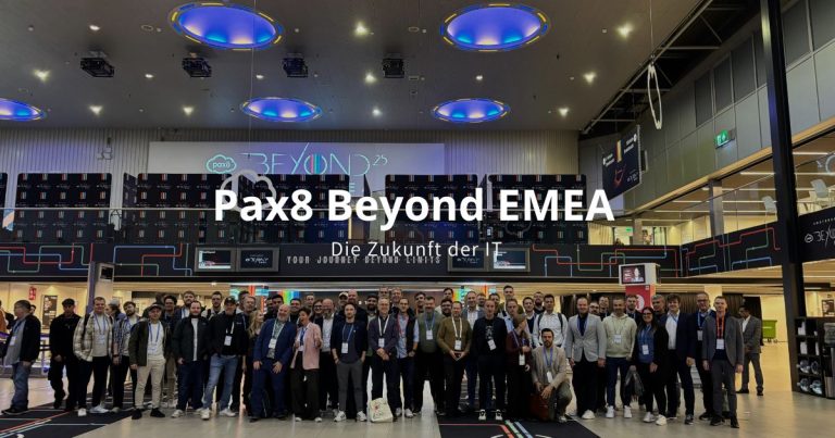 Gruppenfoto der DACH-Teilnehmer auf der Pax8 Beyond EMEA 2025 in Amsterdam – ICTE als Teil der internationalen IT-Community