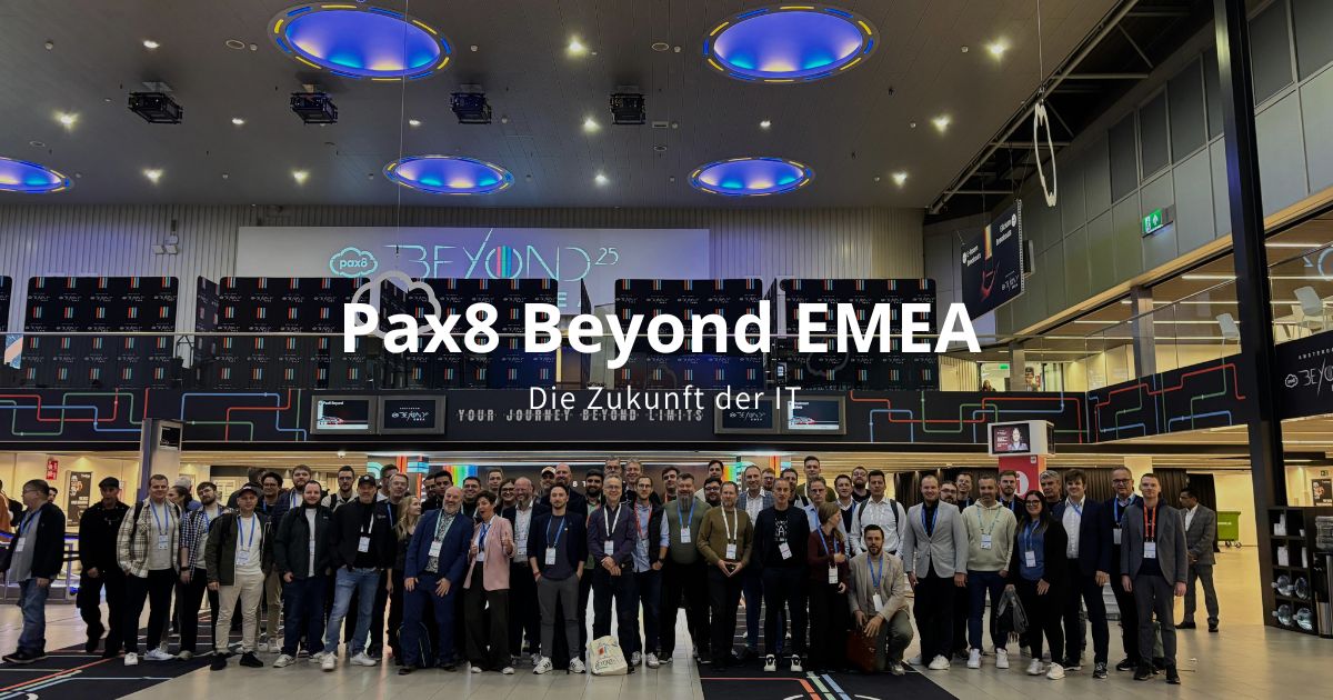 Gruppenfoto der DACH-Teilnehmer auf der Pax8 Beyond EMEA 2025 in Amsterdam – ICTE als Teil der internationalen IT-Community