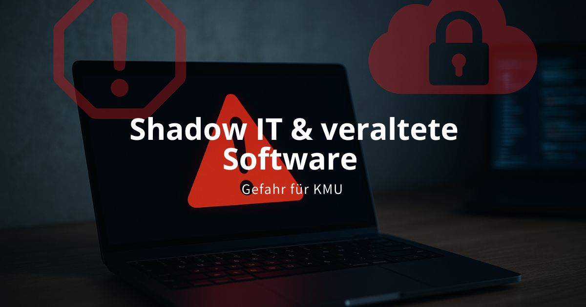Laptop mit Warnsymbol – Symbolbild für Shadow IT und Updates in KMU