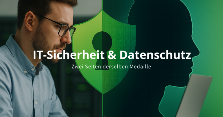 Mann arbeitet am Laptop mit grünem Schildsymbol im Hintergrund – Symbol für IT-Sicherheit und Datenschutz im Unternehmen