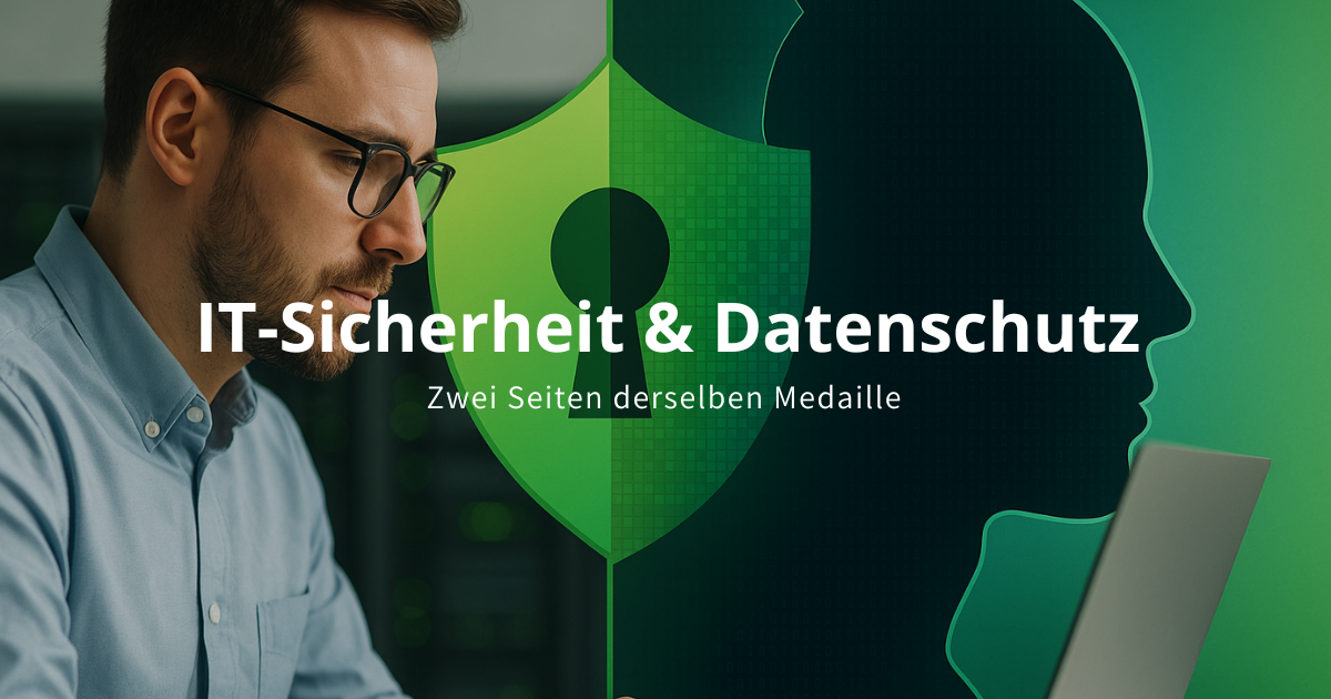 Mann arbeitet am Laptop mit grünem Schildsymbol im Hintergrund – Symbol für IT-Sicherheit und Datenschutz im Unternehmen