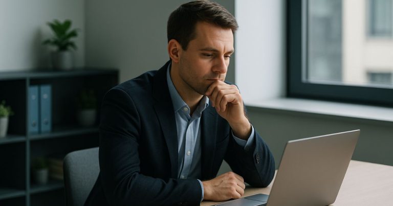Nachdenkliche Entscheidung am Schreibtisch – IT-Sicherheitsentscheidungen im Unternehmensalltag