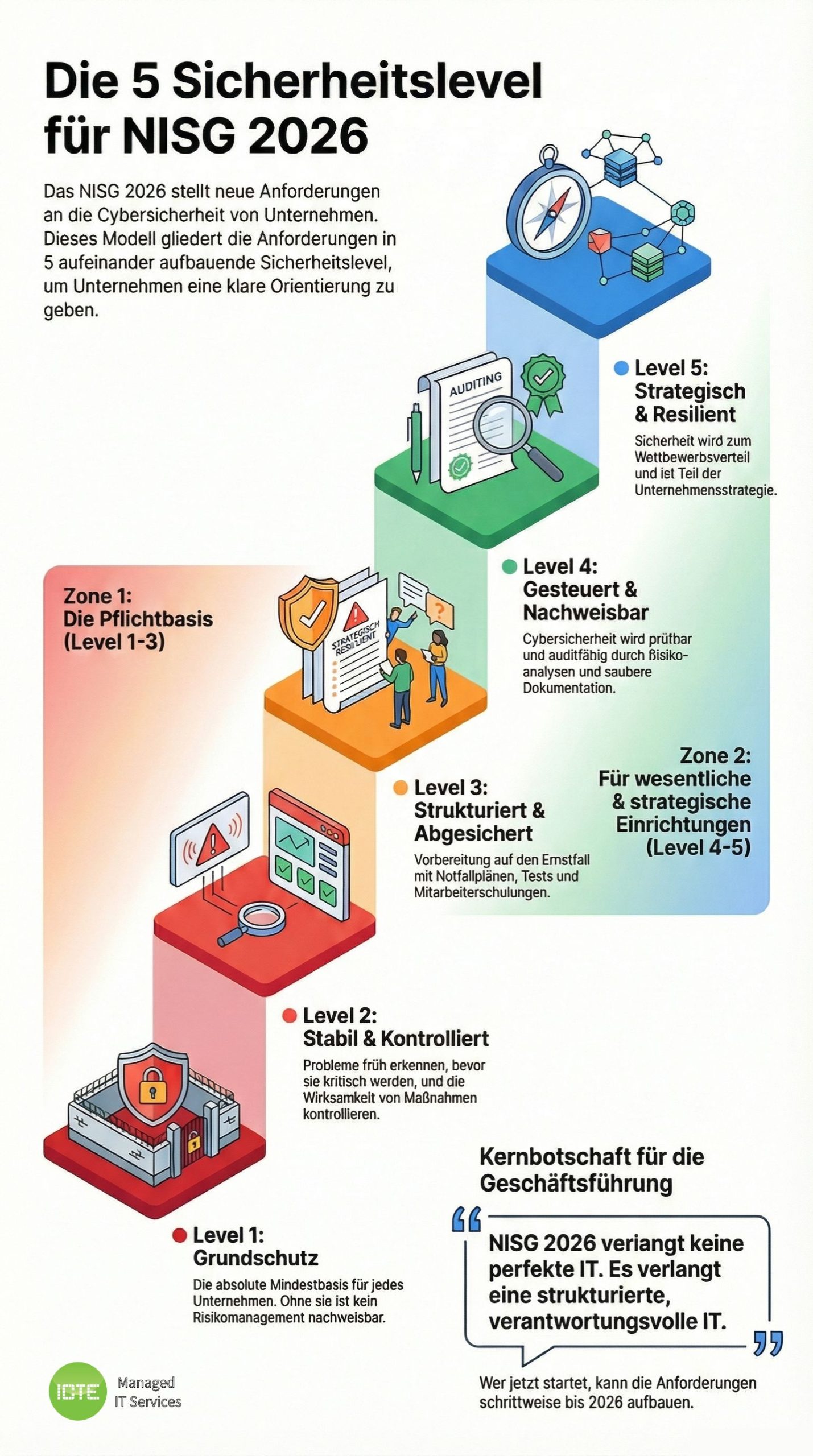 Die 5 ICTE-Sicherheitslevel für NIS2 Österreich und NISG 2026 als übersichtliche Infografik