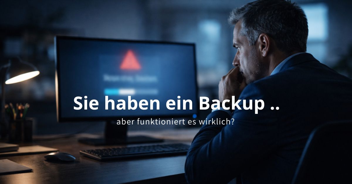 Geschäftsführer blickt besorgt auf Bildschirm mit Fehlermeldung – Risiko eines nicht getesteten Backups