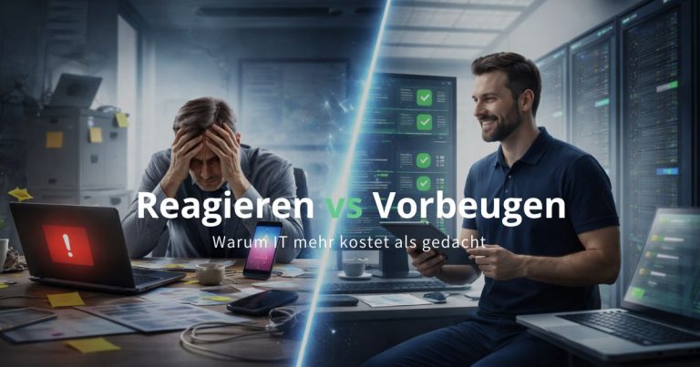 Vergleich zwischen reaktiver und proaktiver IT Betreuung mit gestresstem Mitarbeiter und stabilem IT-System
