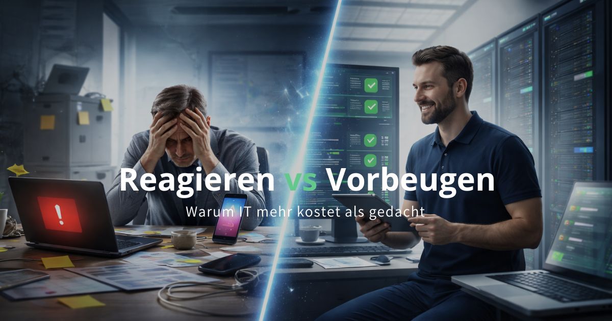 Vergleich zwischen reaktiver und proaktiver IT Betreuung mit gestresstem Mitarbeiter und stabilem IT-System