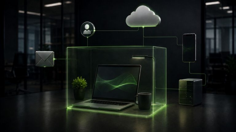 Ein Laptop innerhalb einer grünen Schutzschicht als Symbol für Virenschutz; E-Mail, Cloud, Smartphone und Backup liegen außerhalb.