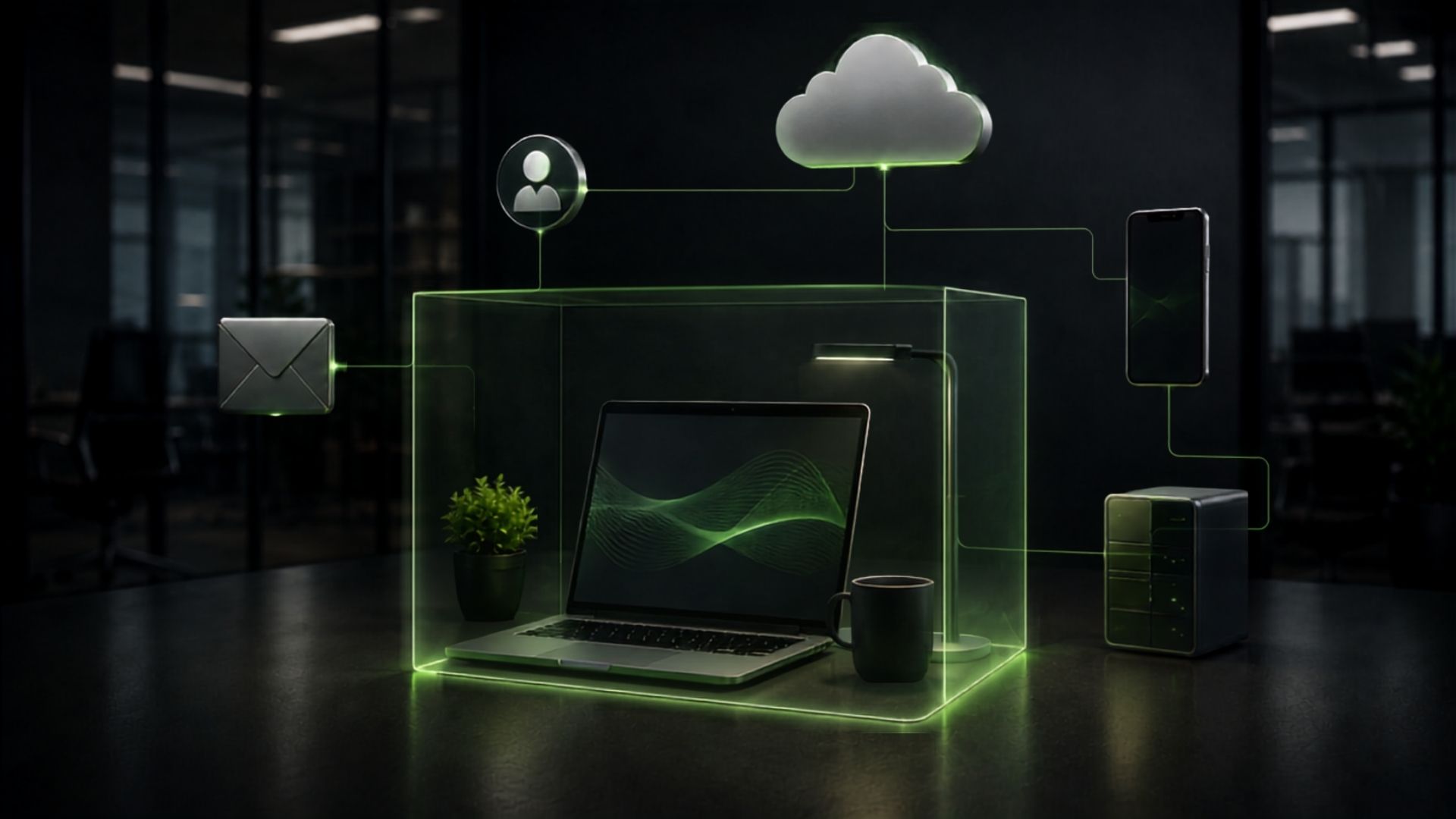 Ein Laptop innerhalb einer grünen Schutzschicht als Symbol für Virenschutz; E-Mail, Cloud, Smartphone und Backup liegen außerhalb.