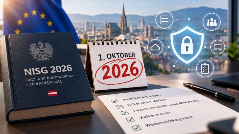 NISG 2026 in Österreich mit Stichtag 1. Oktober 2026 und Symbolen für IT-Sicherheit