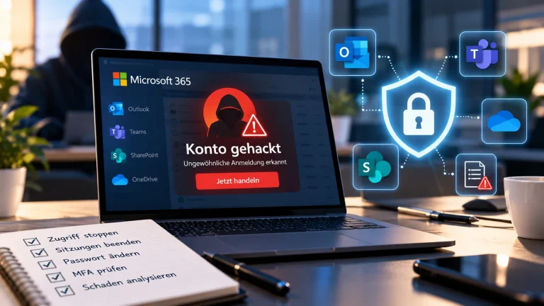 Kompromittiertes Microsoft-365-Konto mit Warnmeldung, verdächtiger Anmeldung und Sicherheitsmaßnahmen