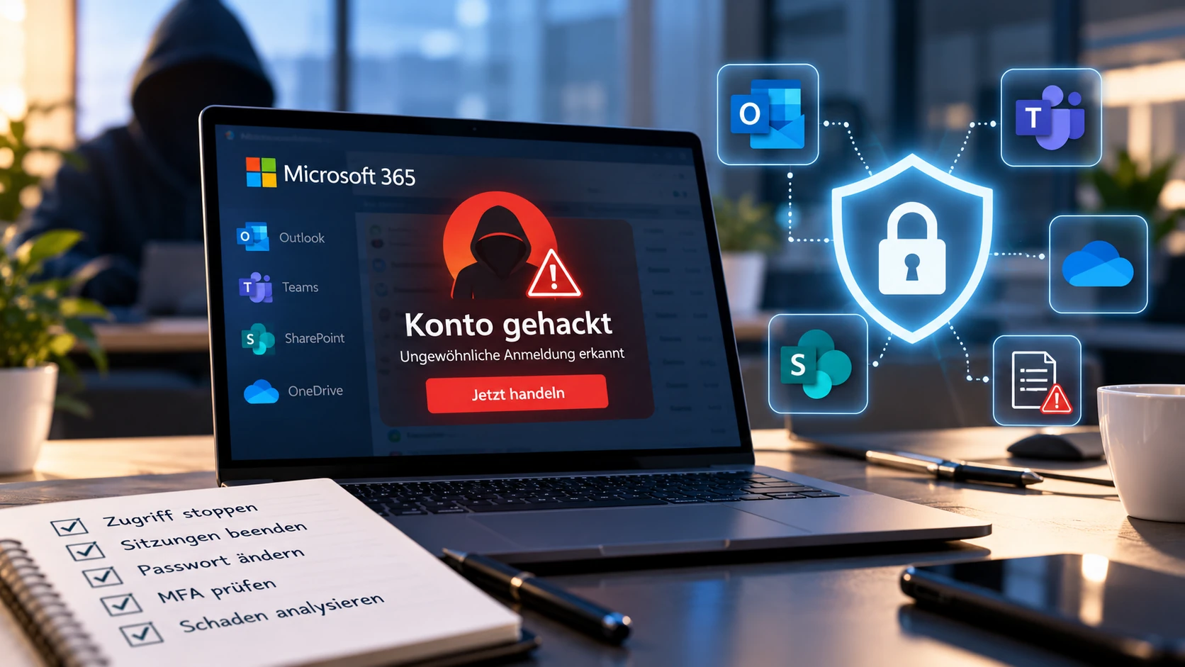 Kompromittiertes Microsoft-365-Konto mit Warnmeldung, verdächtiger Anmeldung und Sicherheitsmaßnahmen